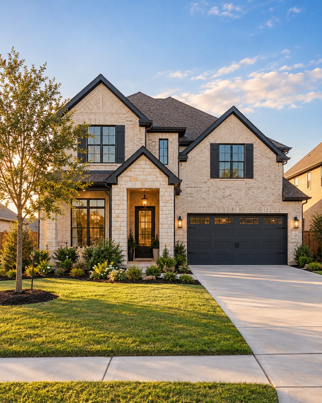 Illustrative new construction Texas-style brick and stone home in warm afternoon light